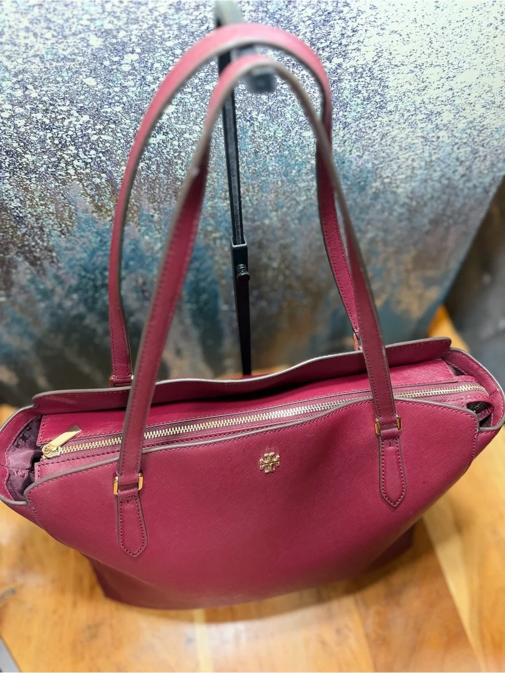 Tory Burch Classic Emerson Saffiano Leather Tote Burgundy Imperial Merlot
